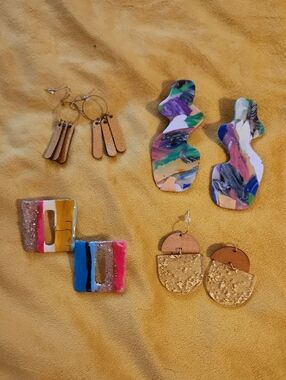 Handmade Multicolor Clay, Gold, And Leather Women’s Statement Earrings